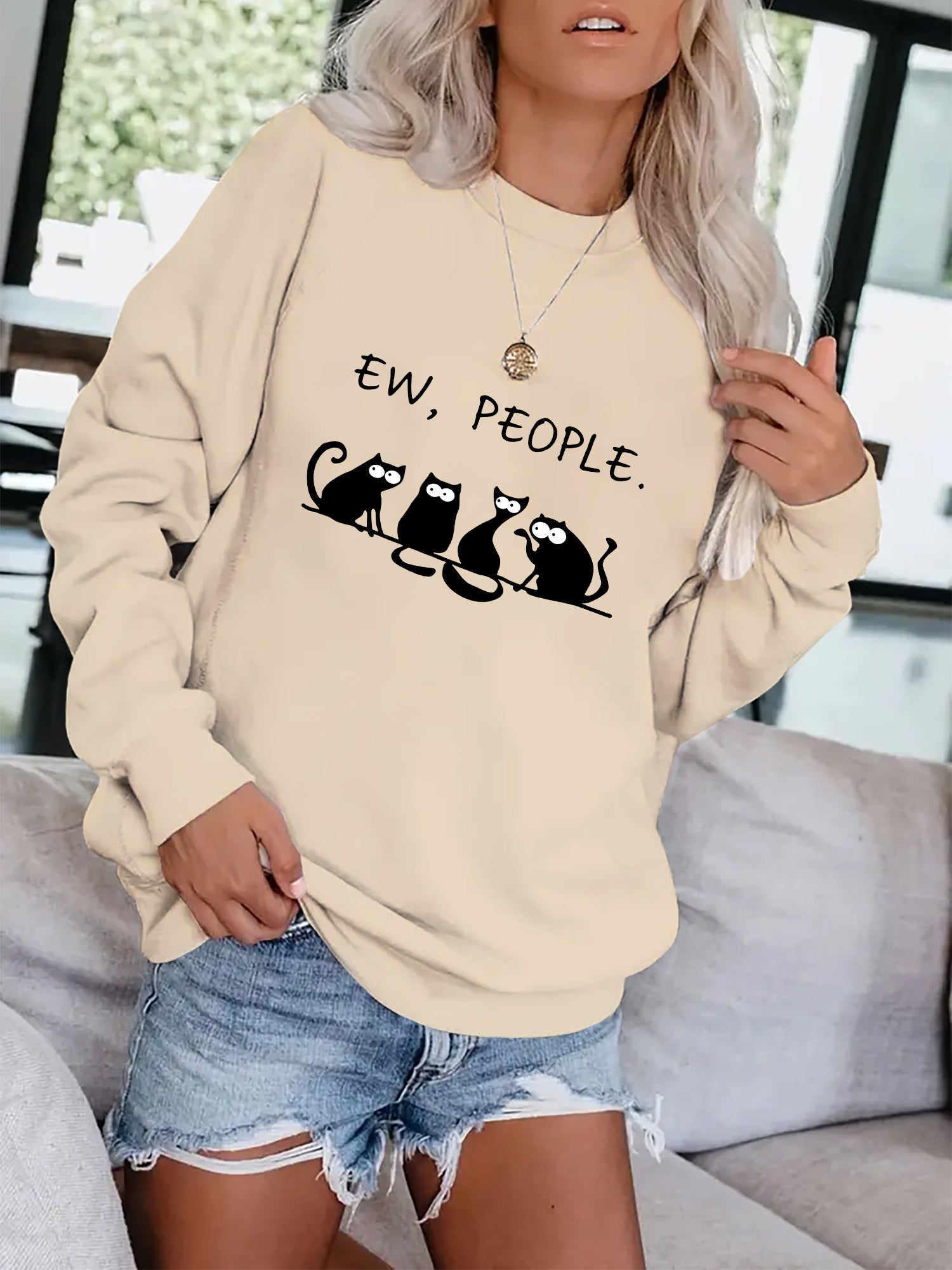 Cat & Letter Print Crew Neck Sweatshirt for Fall & Winter