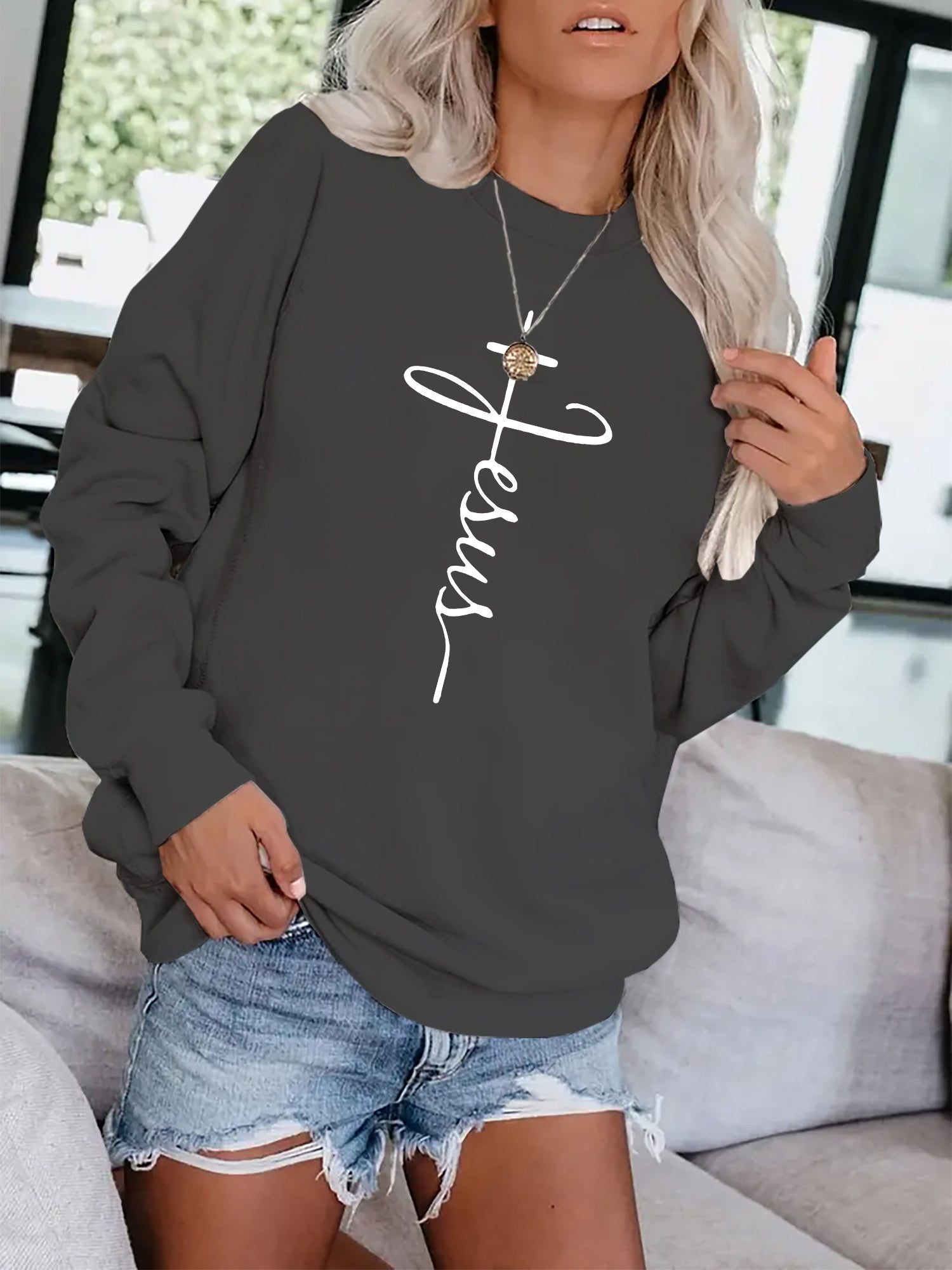 Letter & Cross Print Pullover Sweatshirt for Women