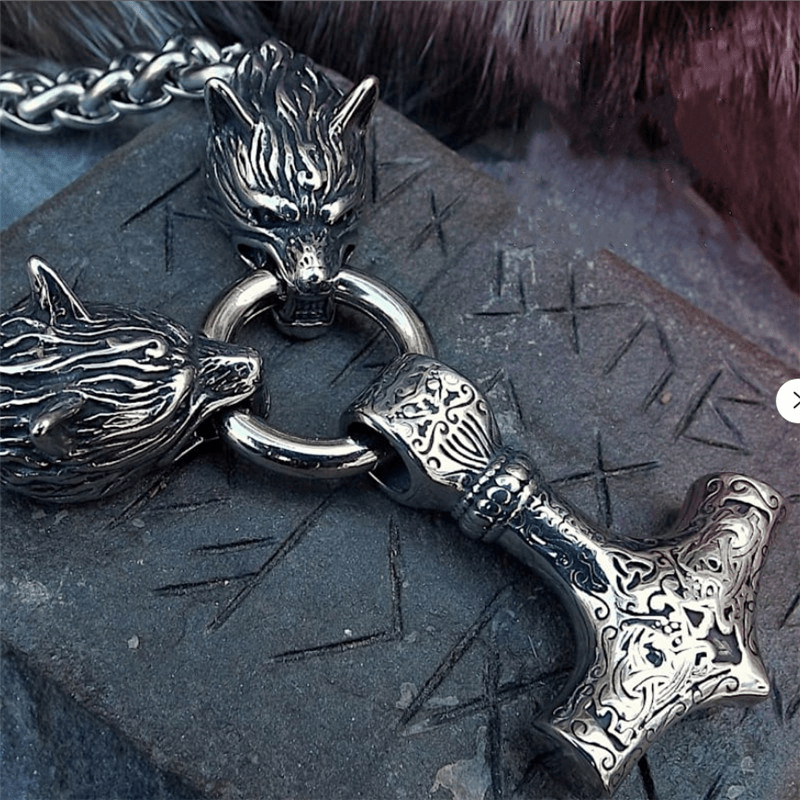 Nordic Viking Wolf Head Hammer Pendant Necklace - Men's Amulet Jewelry