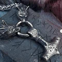 Nordic Viking Wolf Head Hammer Pendant Necklace - Men's Amulet Jewelry