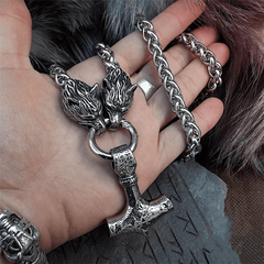 Nordic Viking Wolf Head Hammer Pendant Necklace - Men's Amulet Jewelry