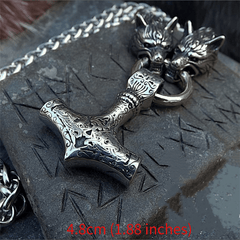 Nordic Viking Wolf Head Hammer Pendant Necklace - Men's Amulet Jewelry