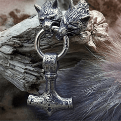Nordic Viking Wolf Head Hammer Pendant Necklace - Men's Amulet Jewelry