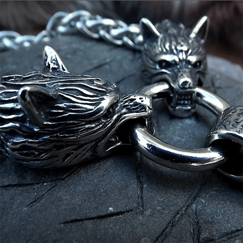 Nordic Viking Wolf Head Hammer Pendant Necklace - Men's Amulet Jewelry