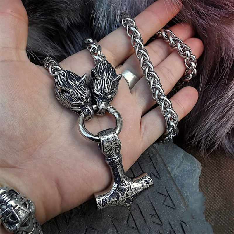 Nordic Viking Wolf Head Hammer Pendant Necklace - Men's Amulet Jewelry