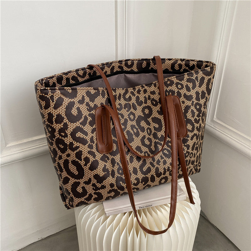 Leopard Print Tote Bag Shoulder Handbag Large Capacity PU Leather Shopping