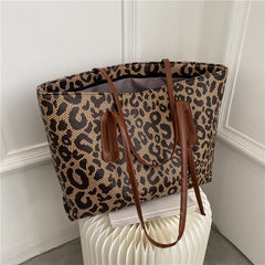 Leopard Print Tote Bag Shoulder Handbag Large Capacity PU Leather Shopping