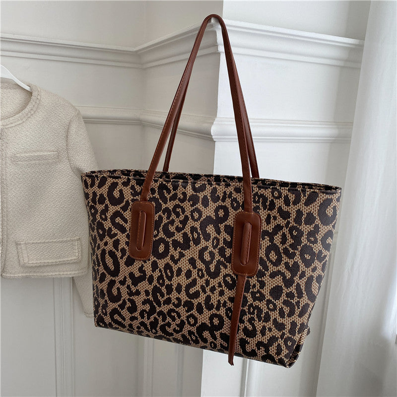 Leopard Print Tote Bag Shoulder Handbag Large Capacity PU Leather Shopping
