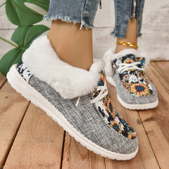 Women's Sunflower Pattern Short Boots Plush Lined Shoes