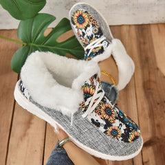 Women's Sunflower Pattern Short Boots Plush Lined Shoes
