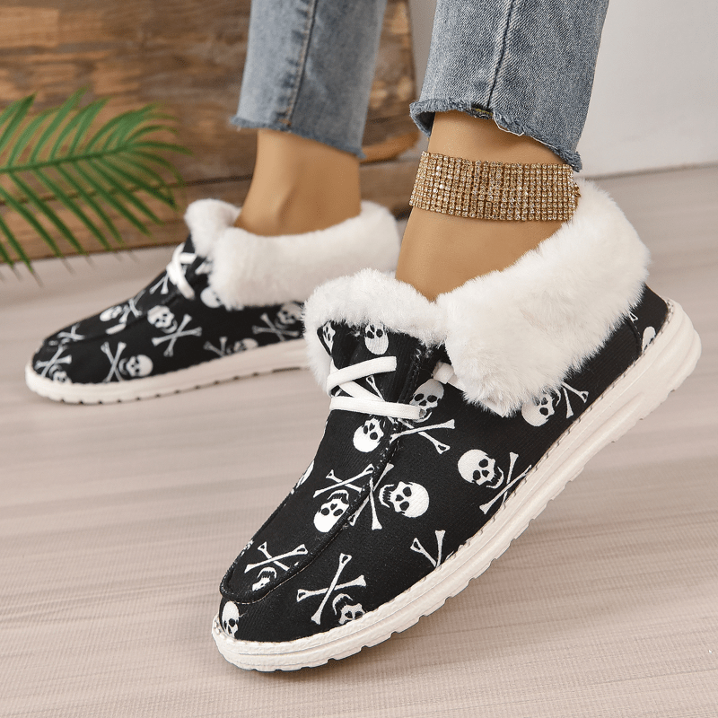 Women's Skull Pattern Short Boots Plush Lined Outdoor Halloween Shoes