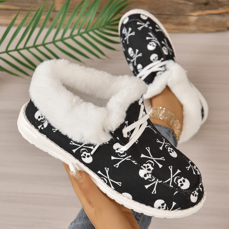 Women's Skull Pattern Short Boots Plush Lined Outdoor Halloween Shoes