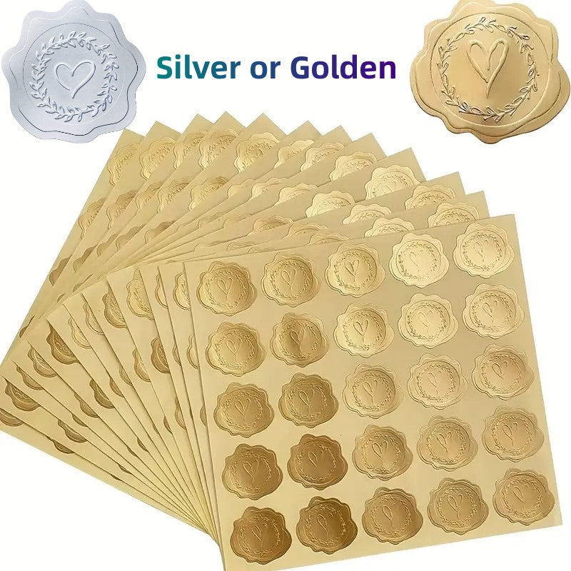 50pcs Golden/Silvery Heart Envelope Seals for Wedding Invitations