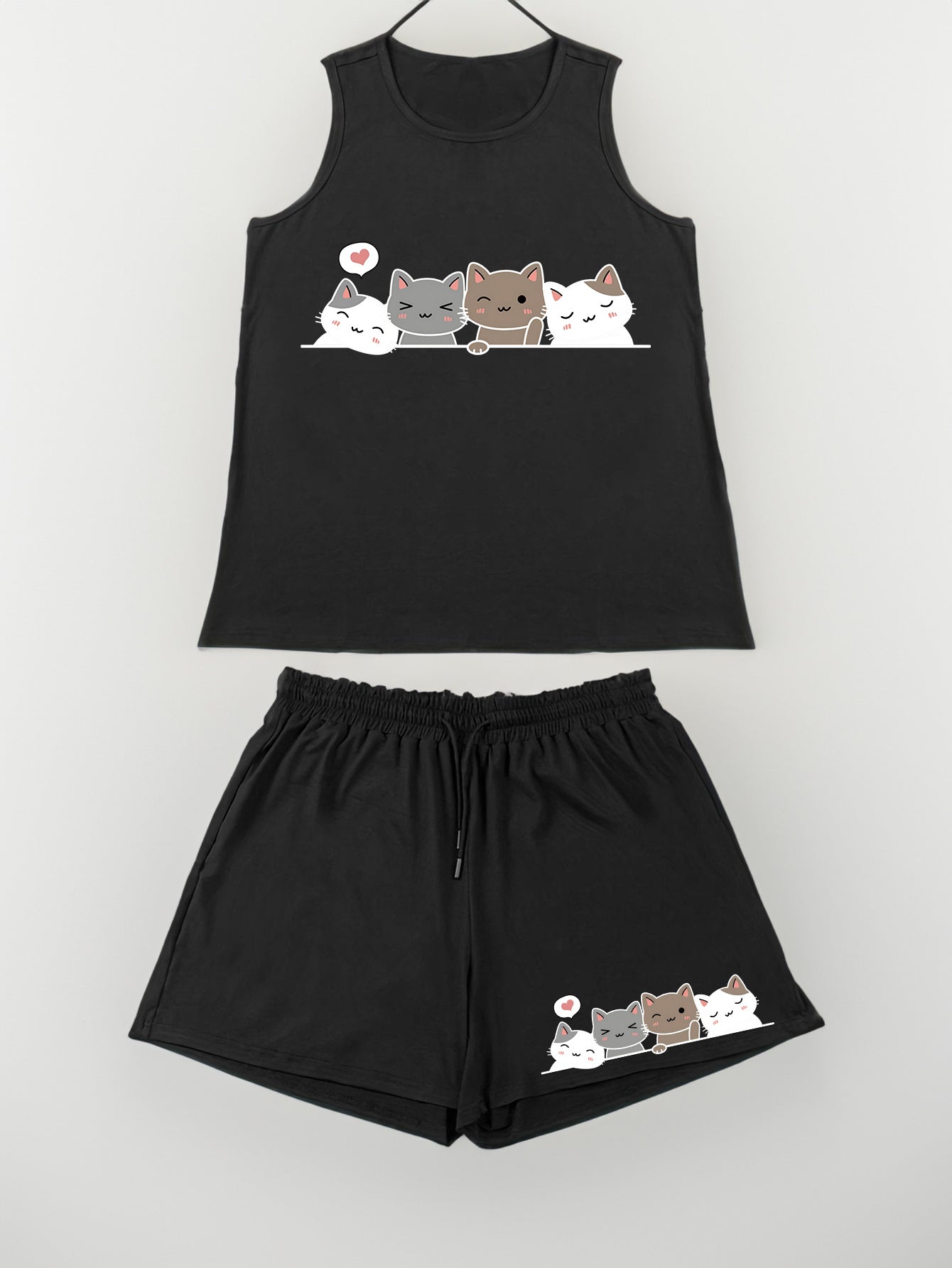  Cat & Heart Print Tank Top & Shorts Pajama Set
