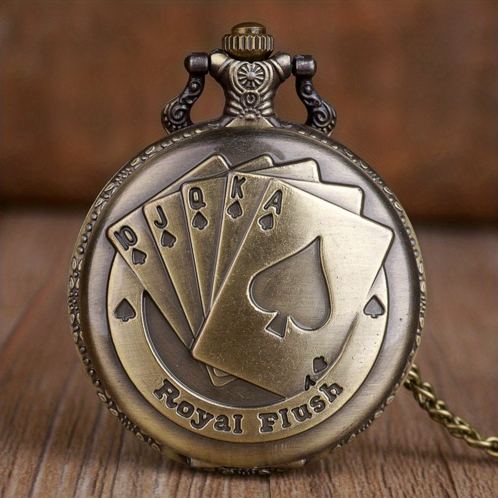 Bronze Vintage Playing Cards Lucky Necklace Chain Pendant Quartz Pocket Watch