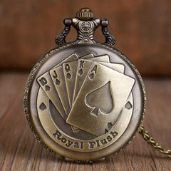 Bronze Vintage Playing Cards Lucky Necklace Chain Pendant Quartz Pocket Watch