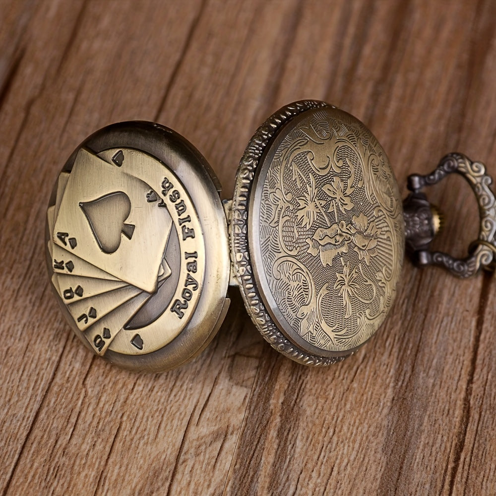 Bronze Vintage Playing Cards Lucky Necklace Chain Pendant Quartz Pocket Watch
