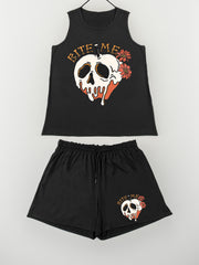  Floral Skull & Letter Print Pajama Set