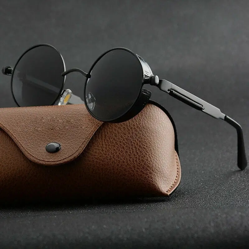 Steampunk Men's Sunglasses Vintage Metal Round Thick Frame Spring Leg Sunglasses