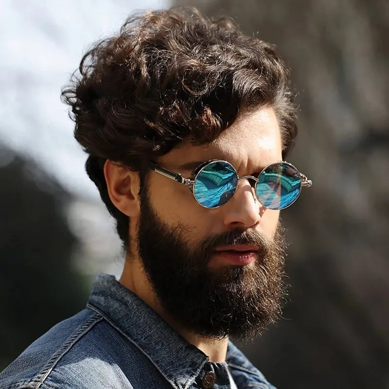 Steampunk Men's Sunglasses Vintage Metal Round Thick Frame Spring Leg Sunglasses