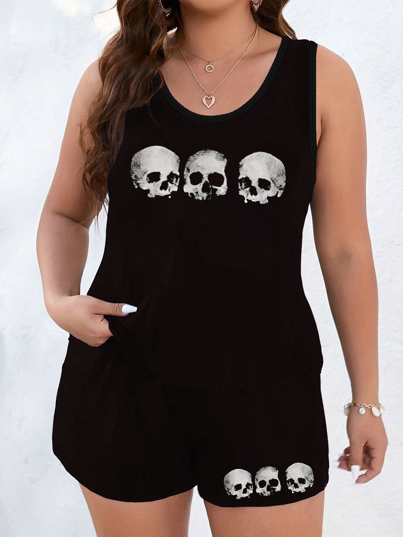  Gothic Skull Print Lounge Set Women's Tank Top & Shorts Pajama