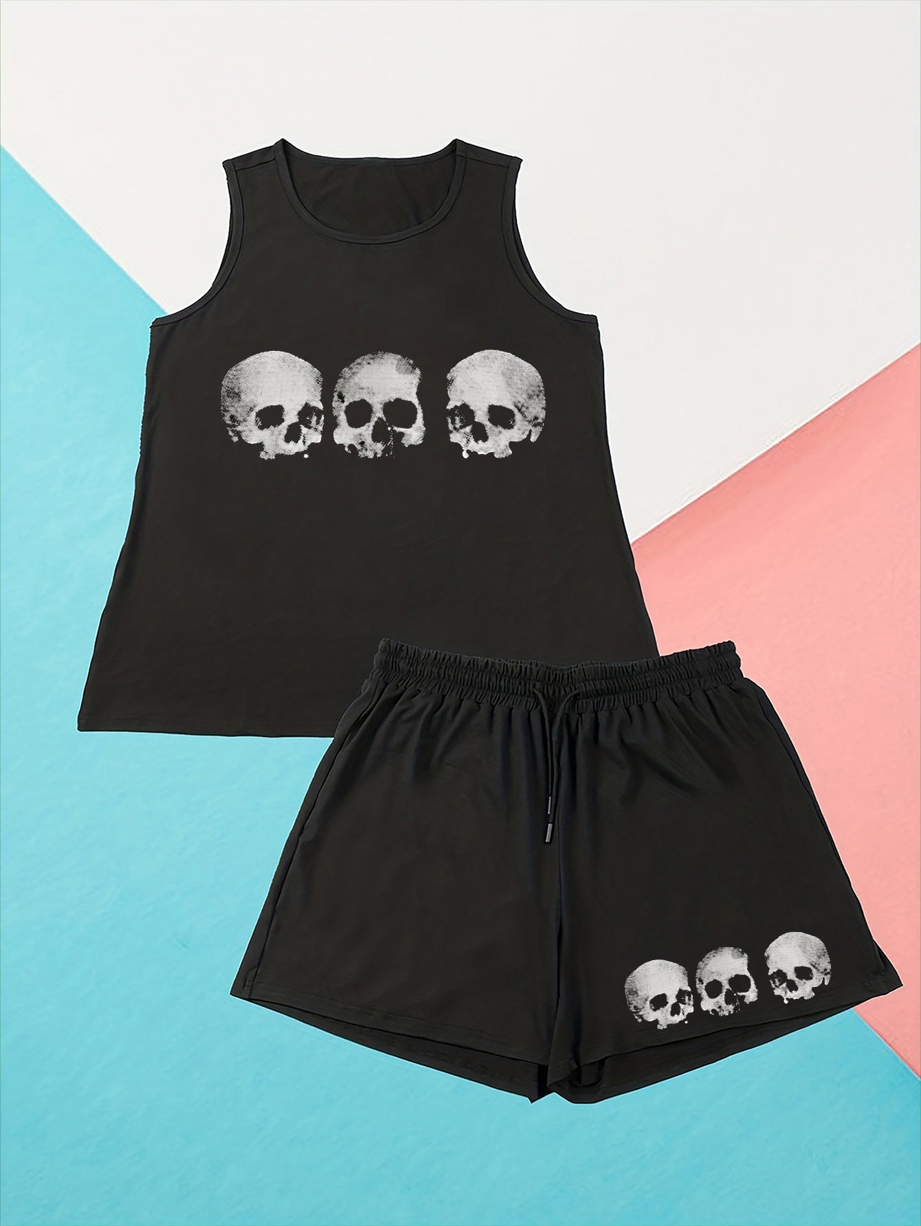  Gothic Skull Print Lounge Set Women's Tank Top & Shorts Pajama