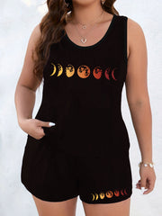  Goth Loungewear 2 Piece Set Moon Print Tank Top & Shorts Pajamas