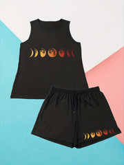  Goth Loungewear 2 Piece Set Moon Print Tank Top & Shorts Pajamas