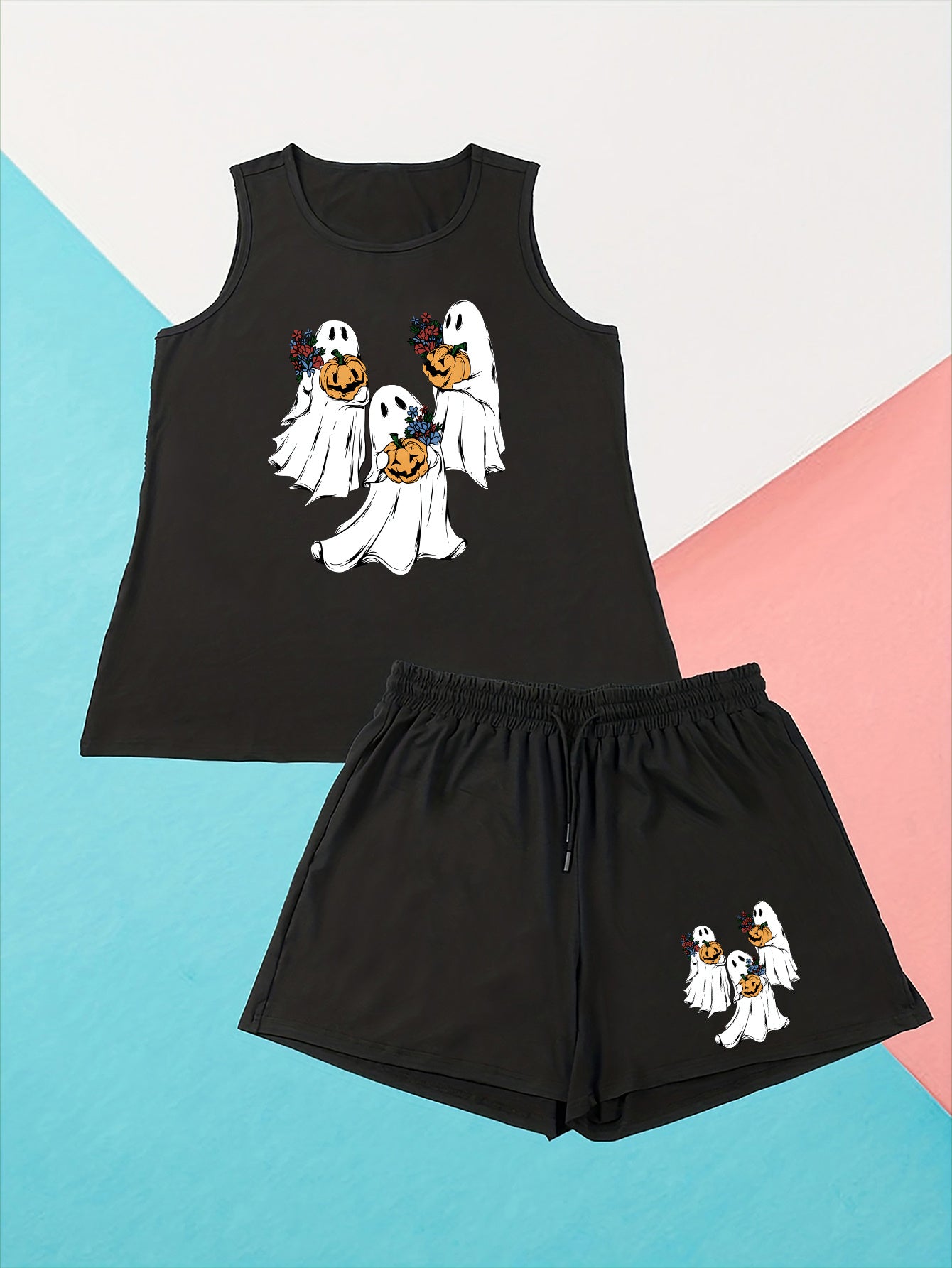  Halloween Lounge Set Ghost & Pumpkin Print Tank Top & Shorts