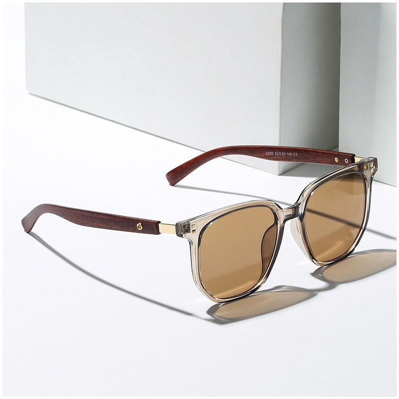 Men's Tea Brown Square Frame Sunglasses Vintage Wood Grain UV Protection