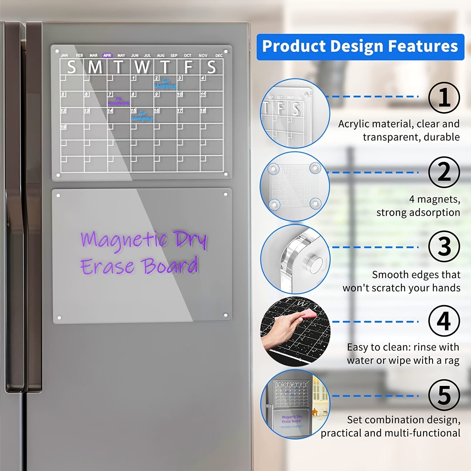Acrylic Magnetic Dry Erase Board And Calendar For Fridge Set Of 2