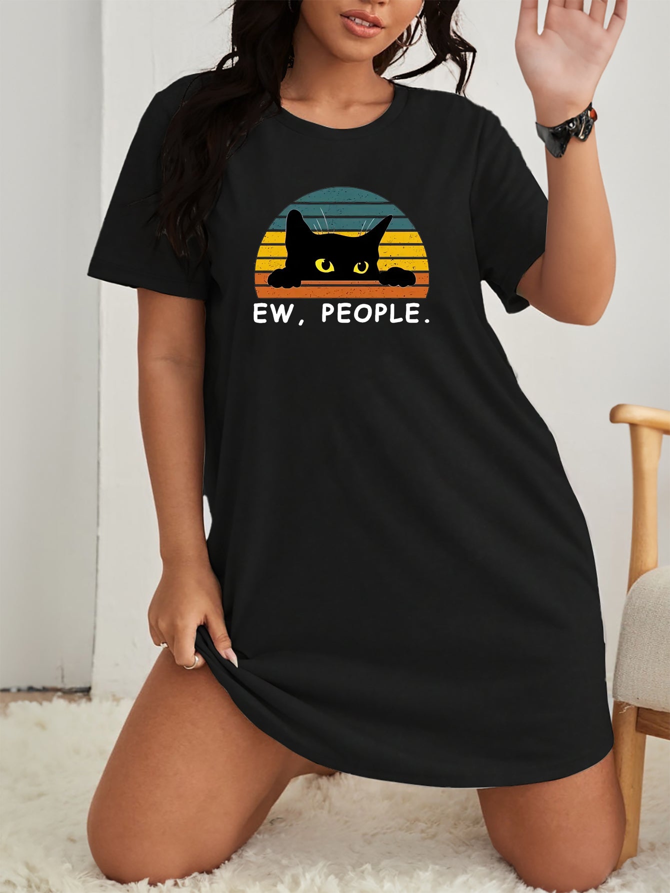  Cat & Letter Print Tee Nightdress - Medium Stretch