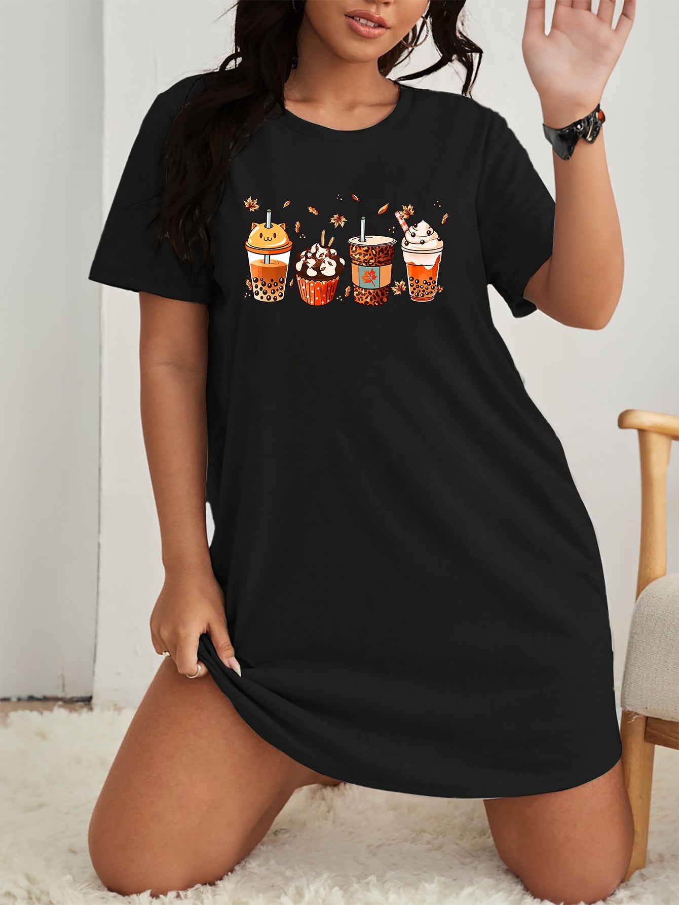  Coffee Print Short Sleeve Lounge Dress