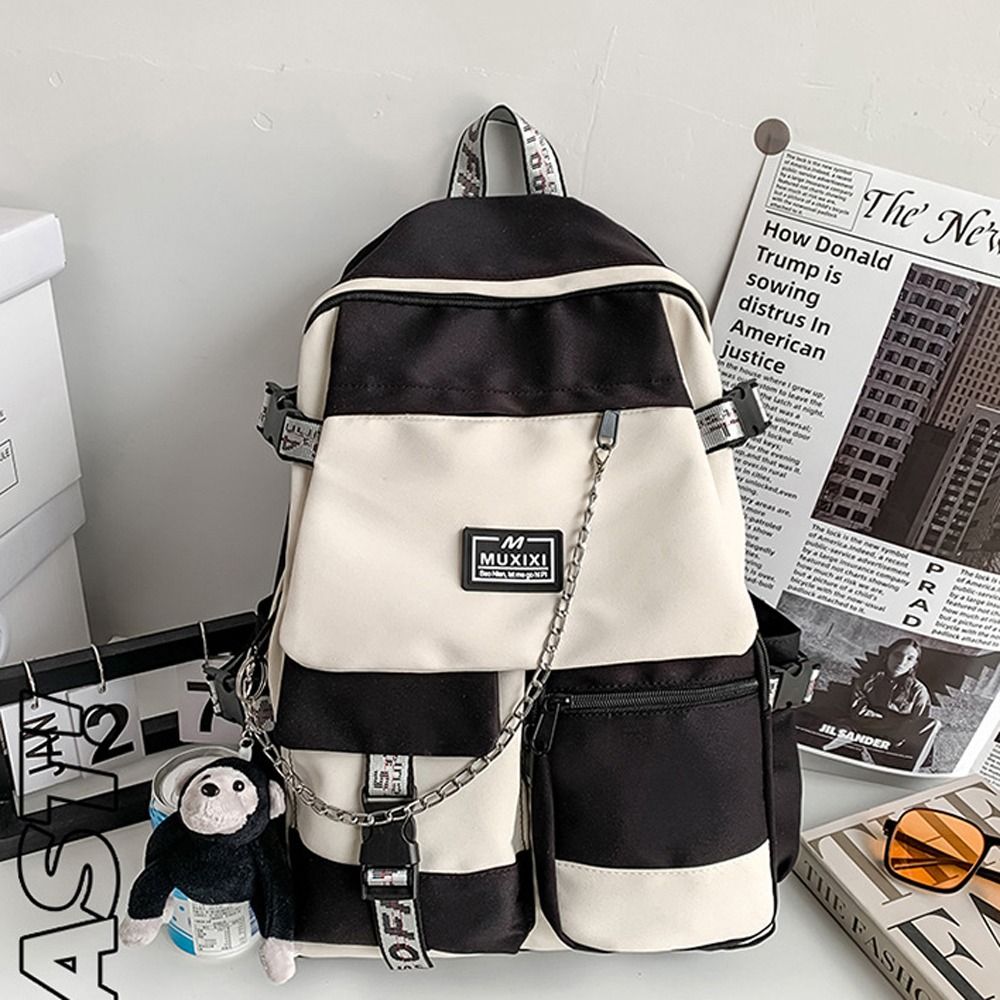 Colorblock Zipper Backpack Preppy School Bag Chain Decor Daypack