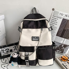 Colorblock Zipper Backpack Preppy School Bag Chain Decor Daypack