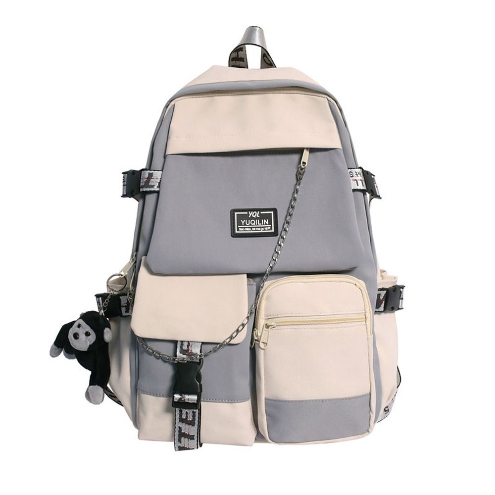 Colorblock Zipper Backpack Preppy School Bag Chain Decor Daypack