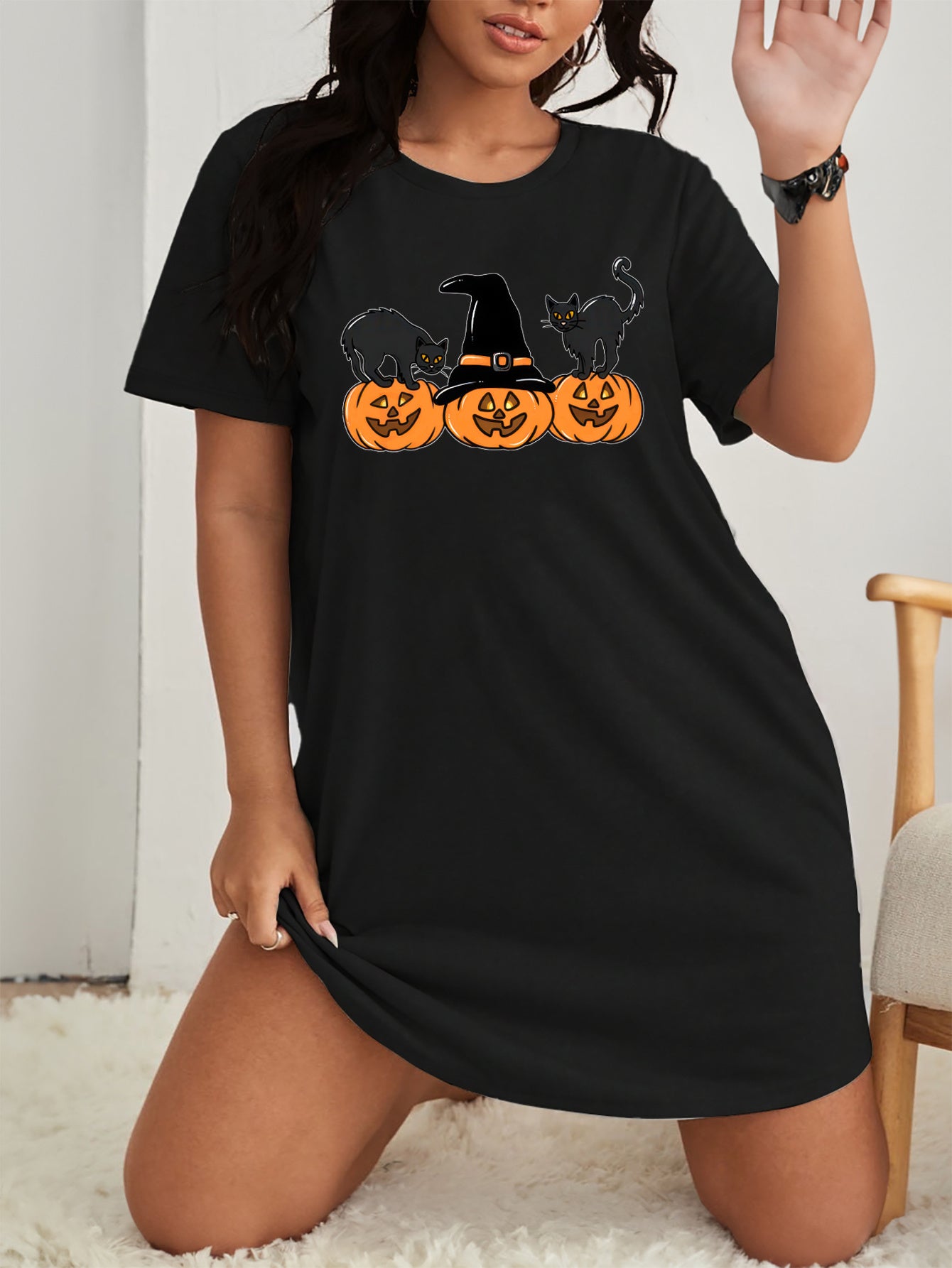  Halloween Lounge Dress Cat & Pumpkin Print Short Sleeve Nightdress