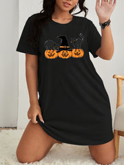  Halloween Lounge Dress Cat & Pumpkin Print Short Sleeve Nightdress