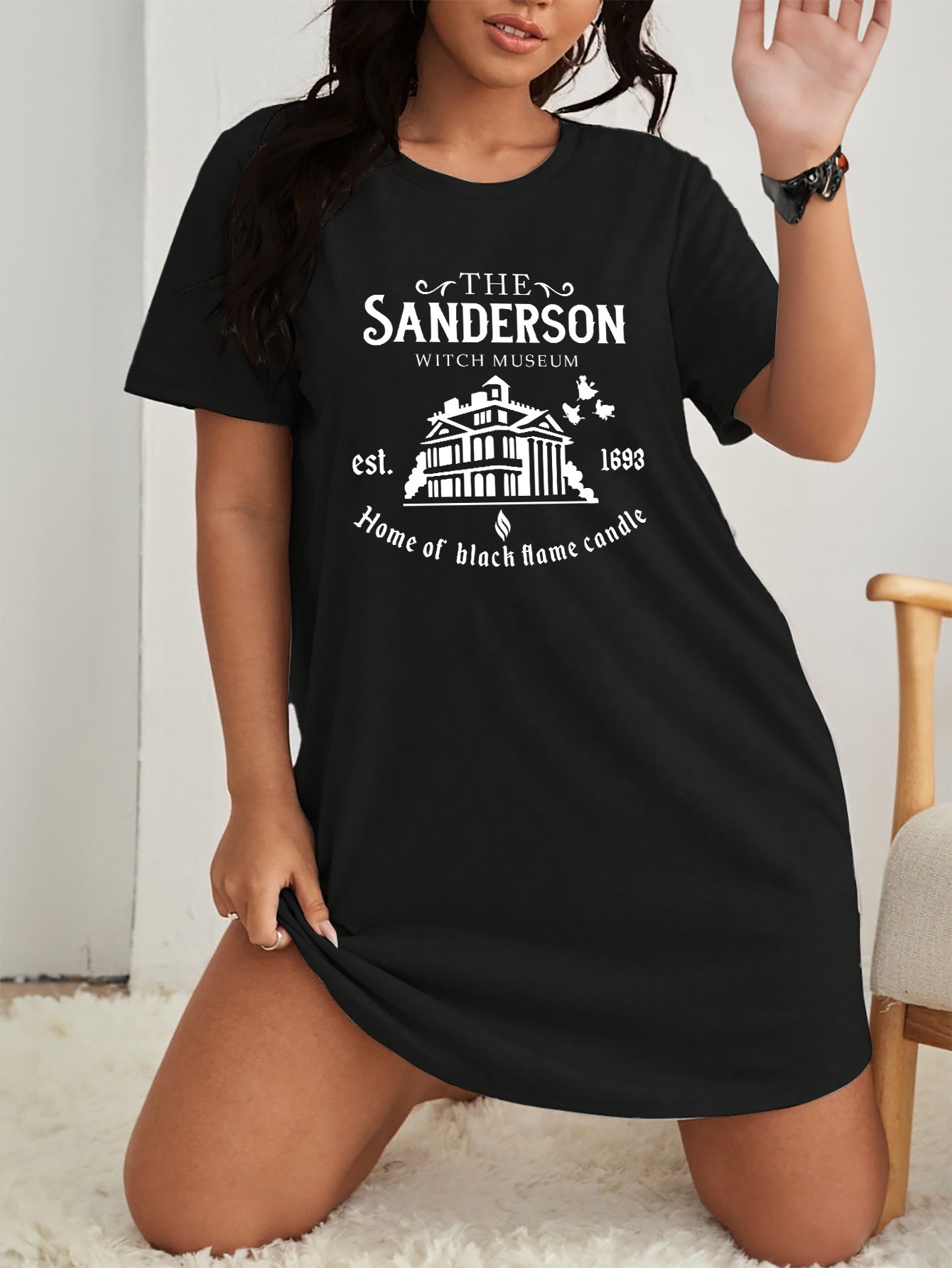  Halloween Loungewear Dress House & Letter Print Round Neck Sleep Dress