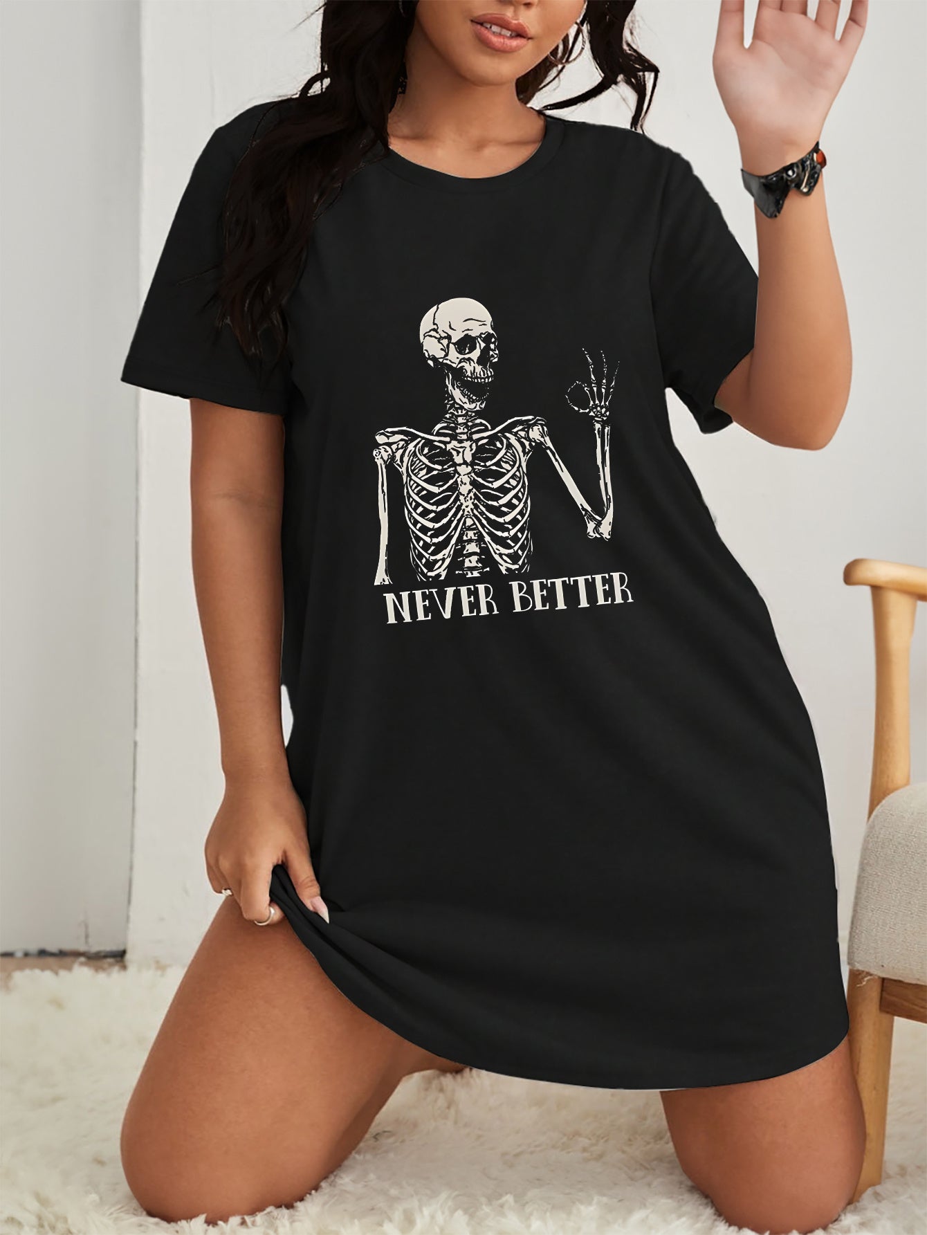  Halloween Lounge Dress Skull & Letter Print Short Sleeve Nightdress