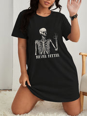  Halloween Lounge Dress Skull & Letter Print Short Sleeve Nightdress
