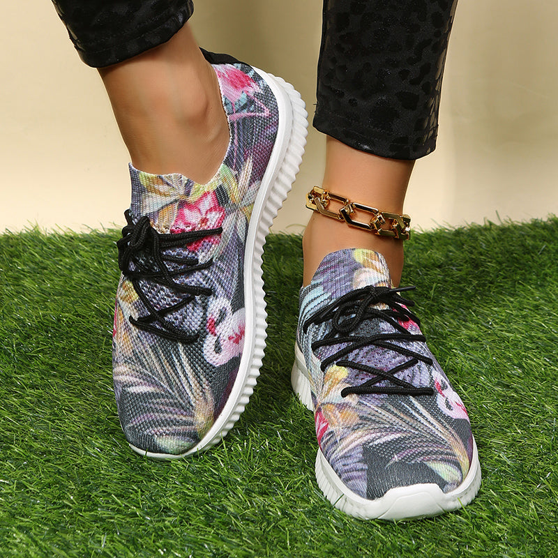 Women's Flamingo & Flower Print Sneakers Lightweight Low Top Trainers