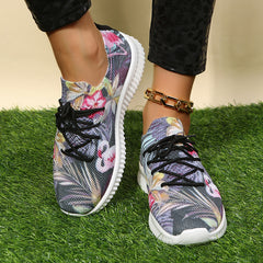 Women's Flamingo & Flower Print Sneakers Lightweight Low Top Trainers