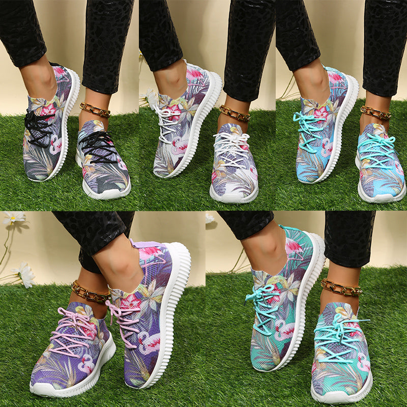 Women's Flamingo & Flower Print Sneakers Lightweight Low Top Trainers