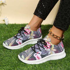 Women's Flamingo & Flower Print Sneakers Lightweight Low Top Trainers