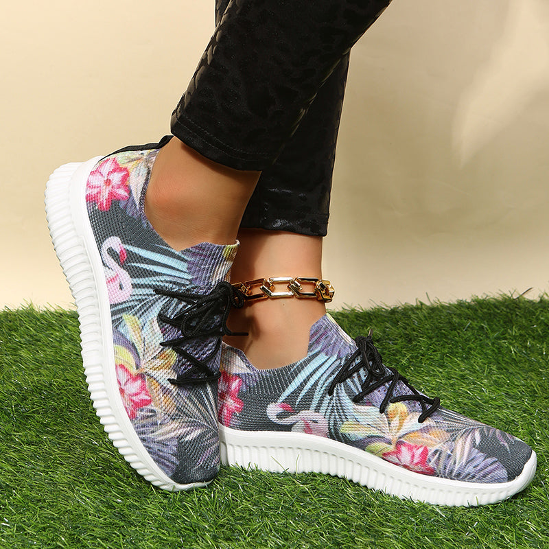 Women's Flamingo & Flower Print Sneakers Lightweight Low Top Trainers