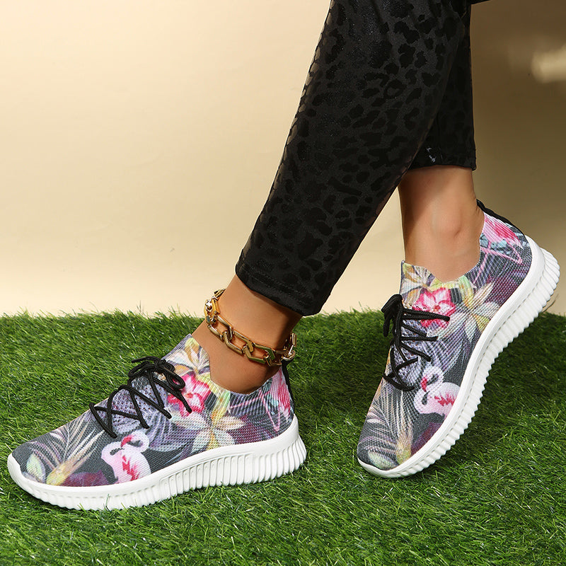 Women's Flamingo & Flower Print Sneakers Lightweight Low Top Trainers