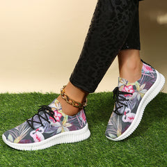 Women's Flamingo & Flower Print Sneakers Lightweight Low Top Trainers