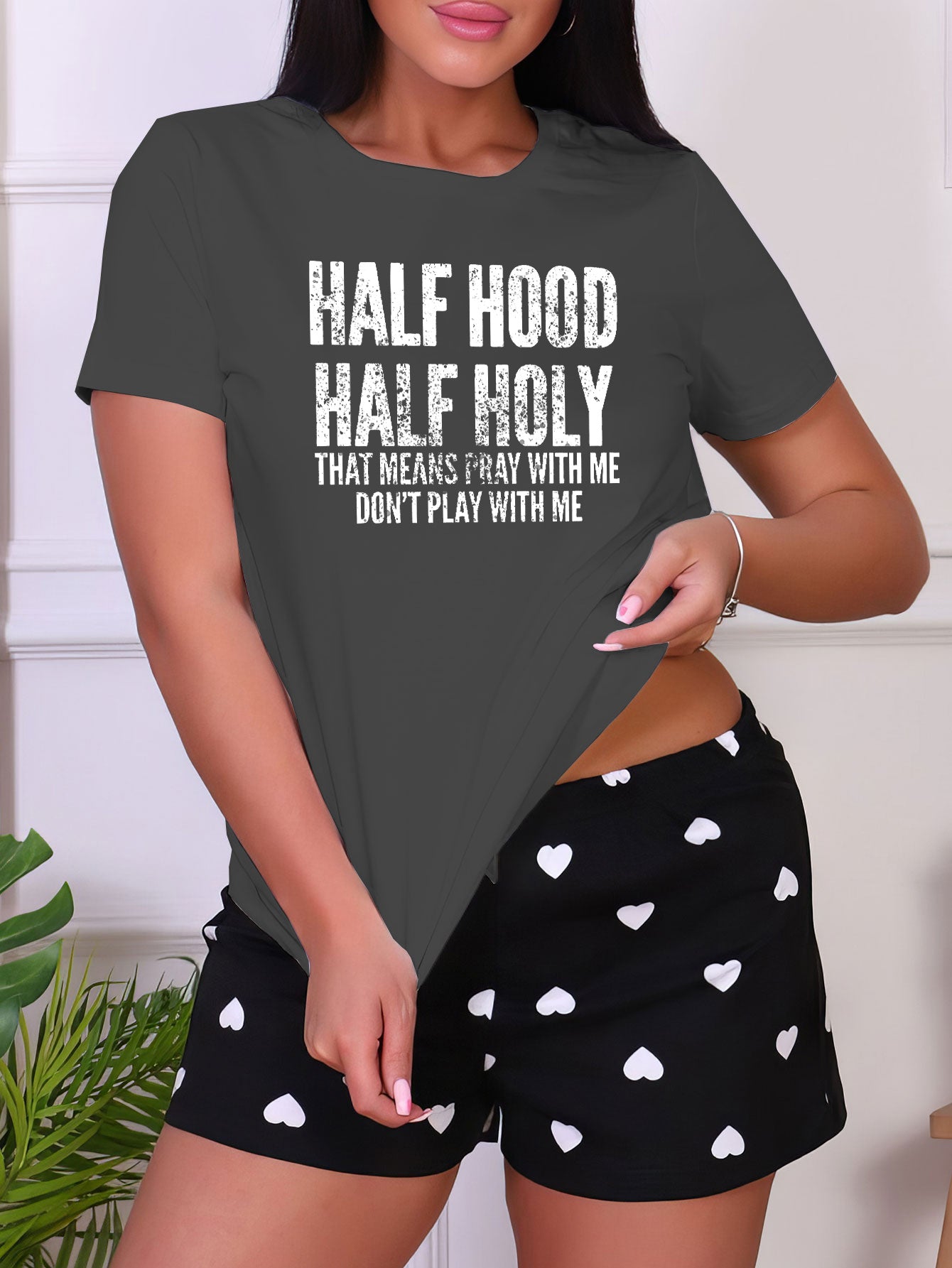 Letter Print Sleep Tops Short Sleeve Crew Neck Top Women's Pajamas