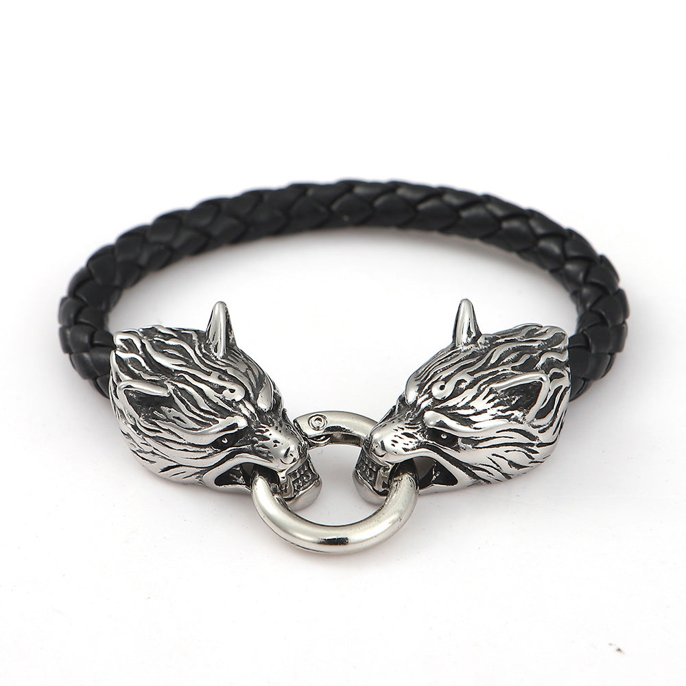 Viking Wolf Head Leather Bracelet Hip Hop Vintage Jewelry